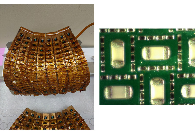 左:国際リニアコライダー用温度センサー 右:測定ポイント:0.3mm×0.15mmサイズと1.6mm×0.8mmサイズ 拡大